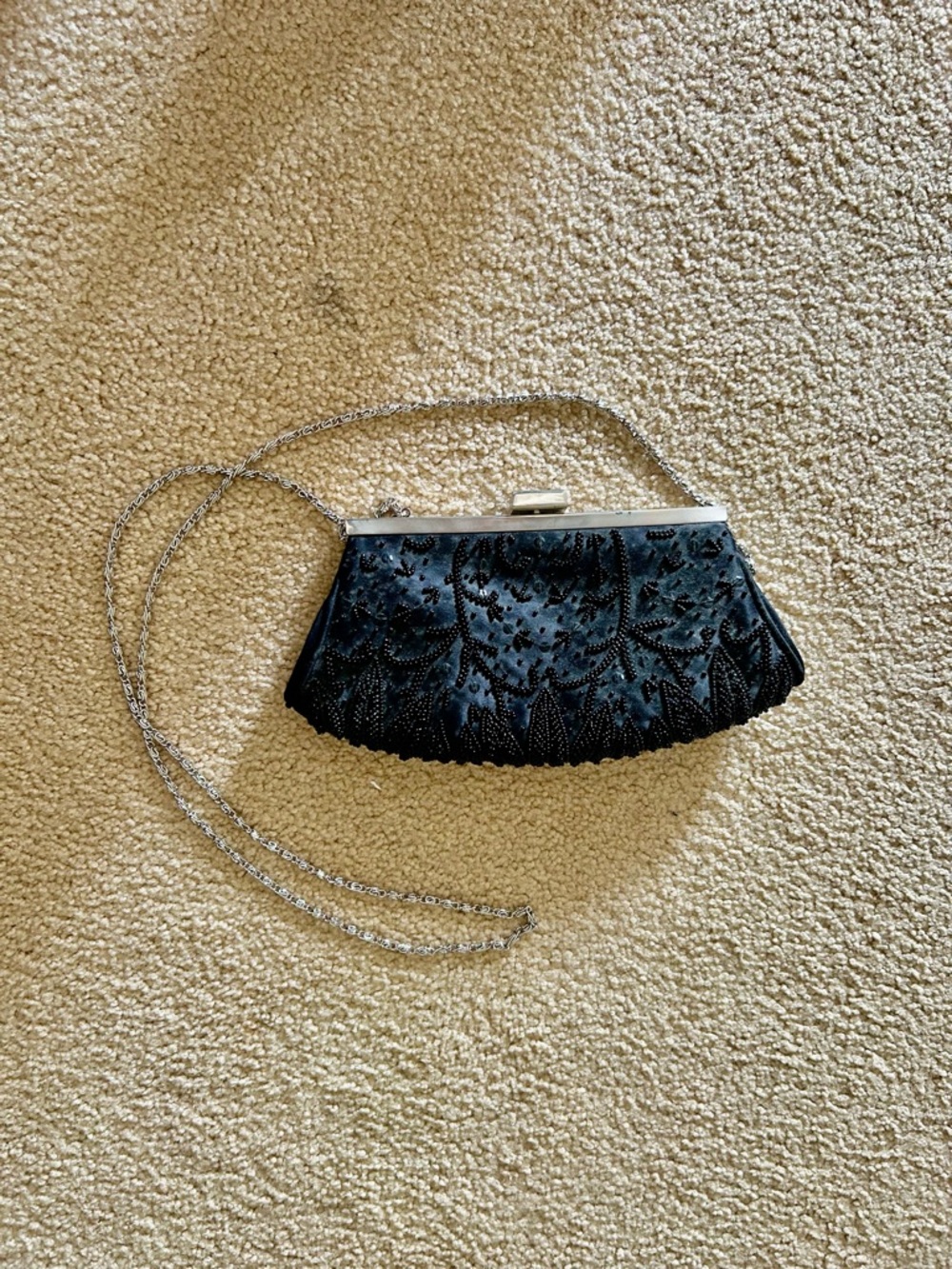 Nordstrom Black Beaded Evening Mini Bag with Silver Chain